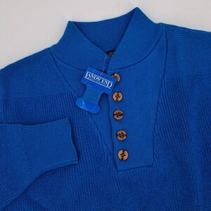 VTG NEW Lands End Mens Large Henley Button Neck Sweater Cotton Blue Commando